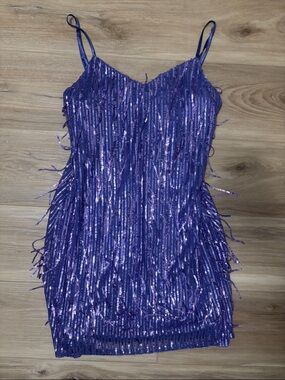 mi ami Purple Sequin Fringe Slip Dress
